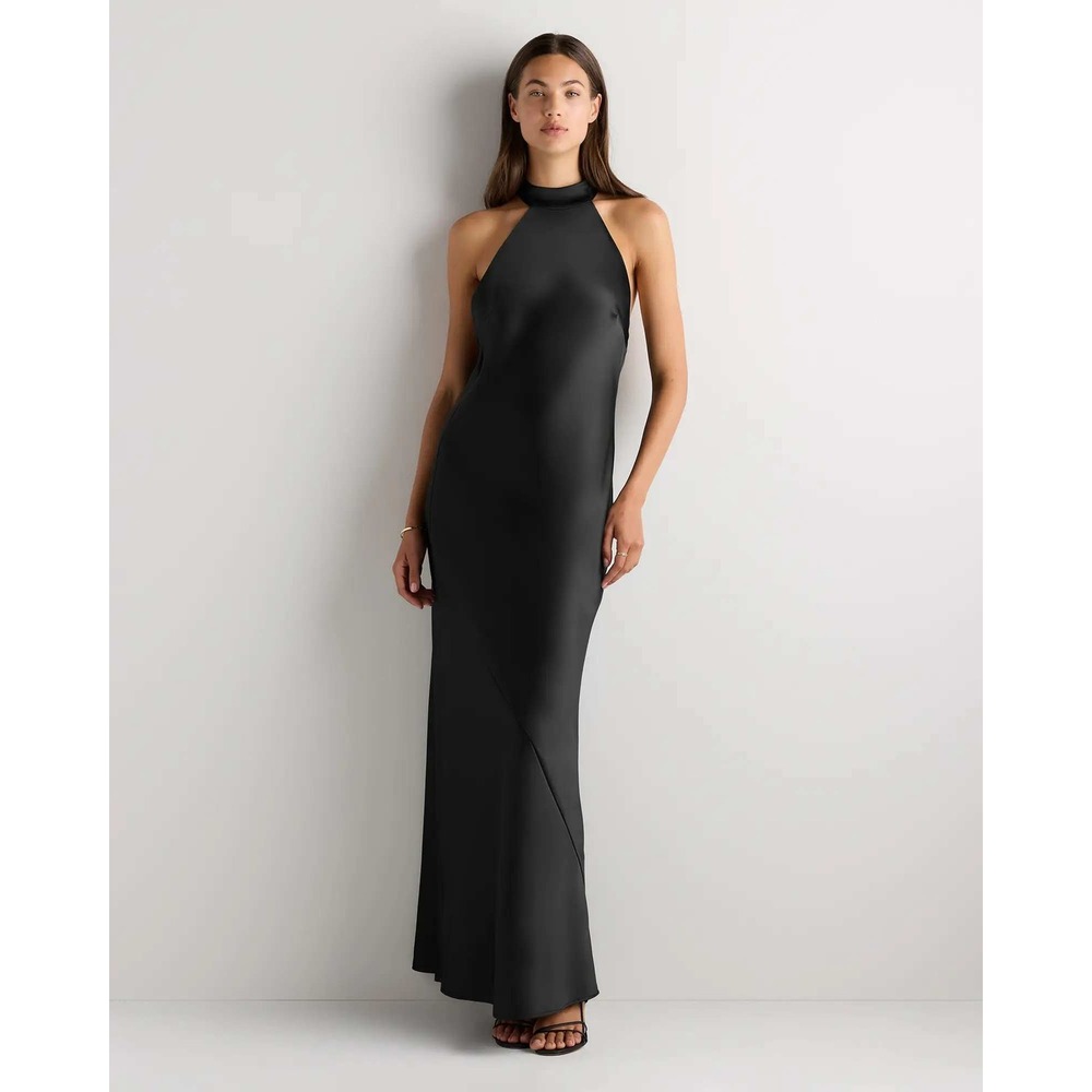 Quince Black Satin Halter Open Back Maxi Dress Size 4 NWT Evening Gown